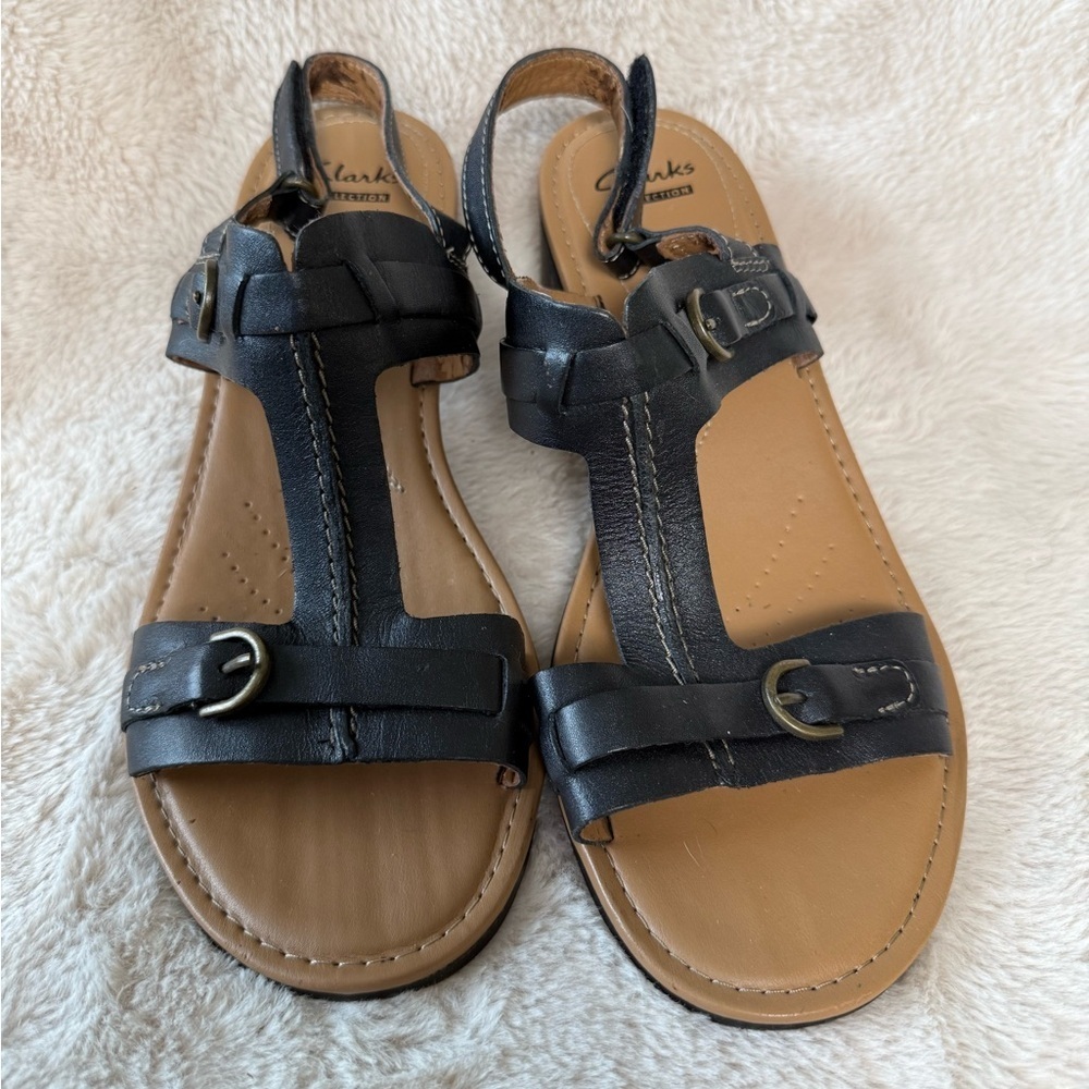 Clark's Collection Madalyn Black Leather Sandals Womens Sz 8.5 *Flaw*